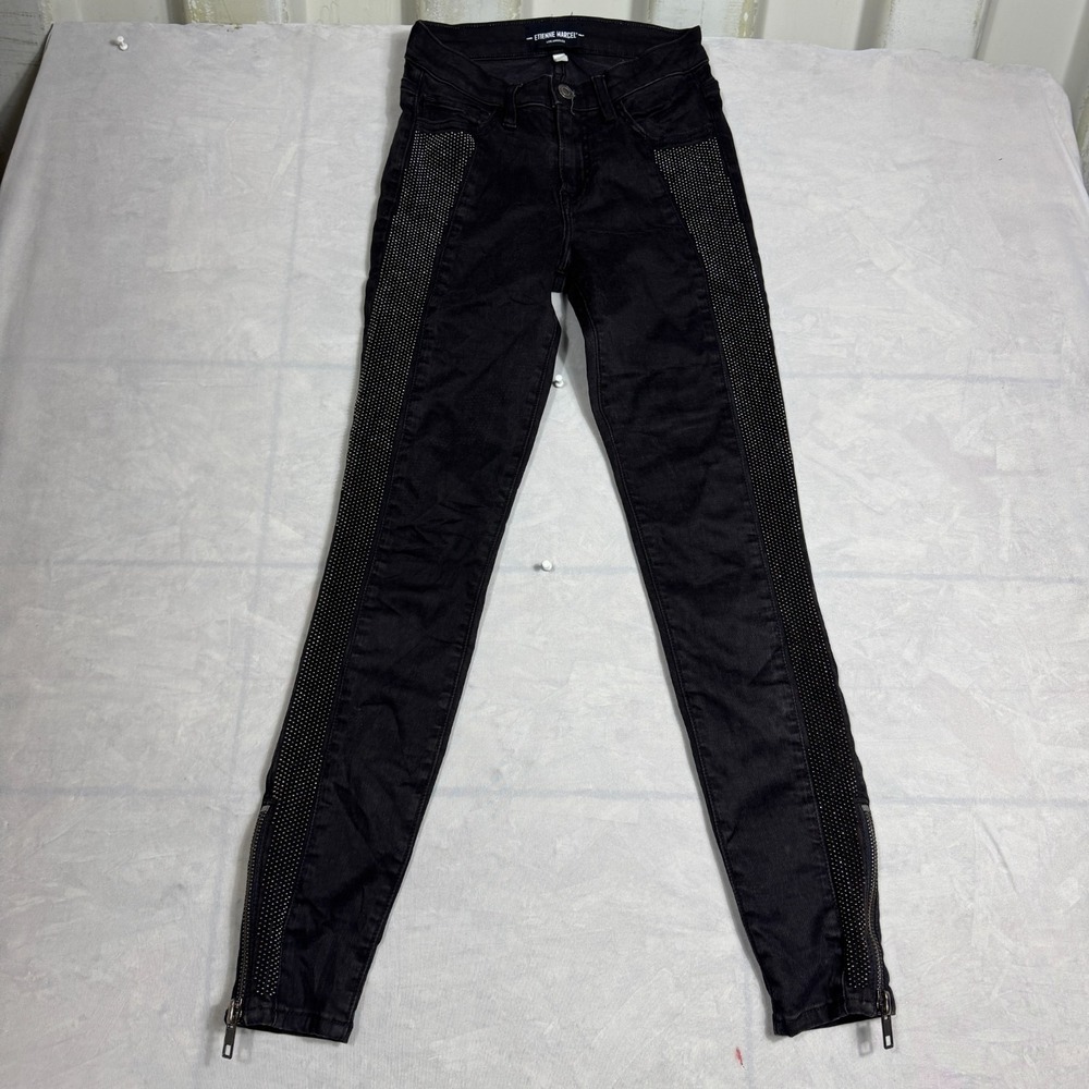 Etienne Marcel‎ Womens Studded Skinny Jeans Black Ankle Zip 5-Pocket Size 26